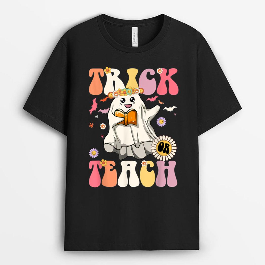 Groovy Halloween Trick or Teach Retro Floral Ghost Teacher Ver 2 T-Shirt