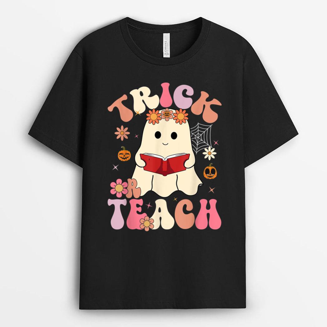 Groovy Halloween Trick Or Teach Retro Floral Ghost Teacher Ver 3 T-Shirt