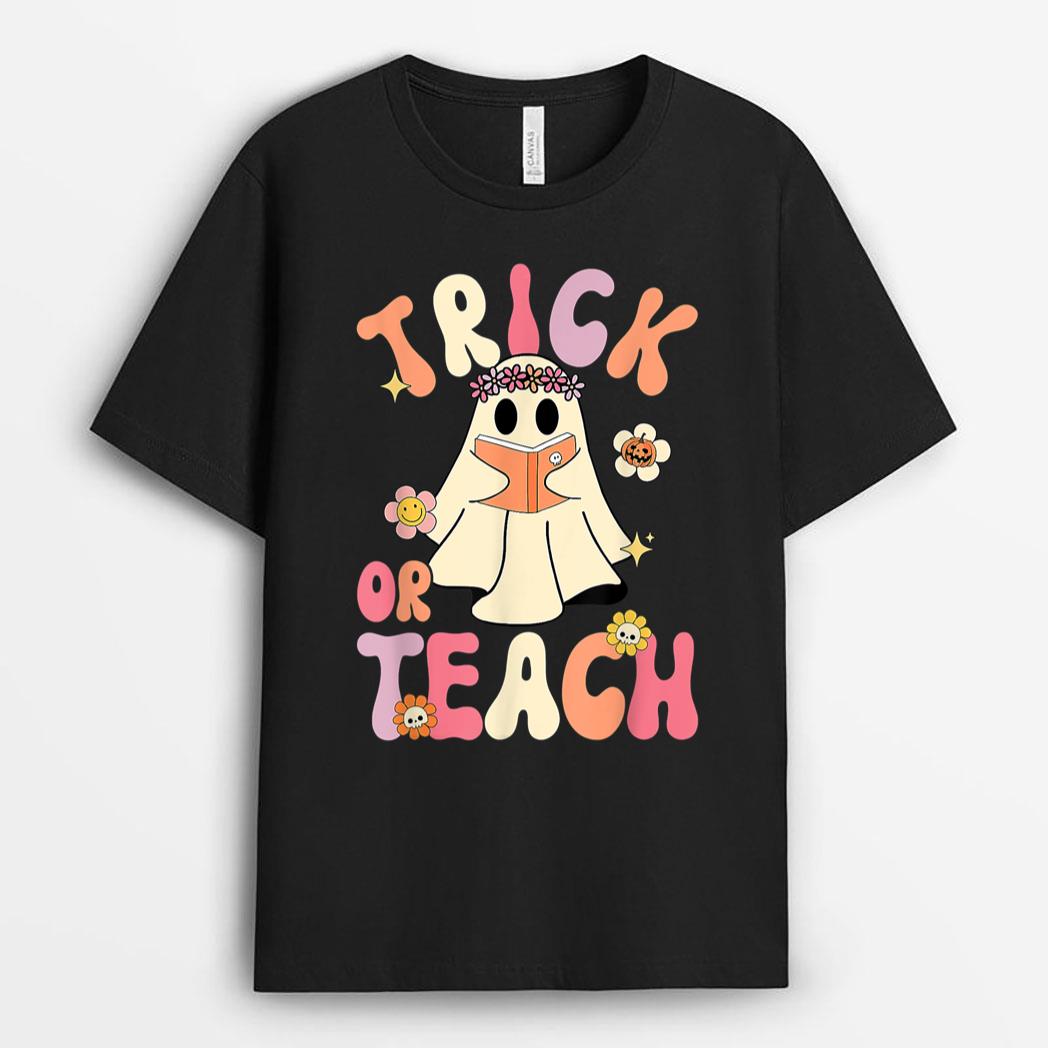 Groovy Halloween Trick Or Teach Retro Floral Ghost Teacher_1 T-Shirt