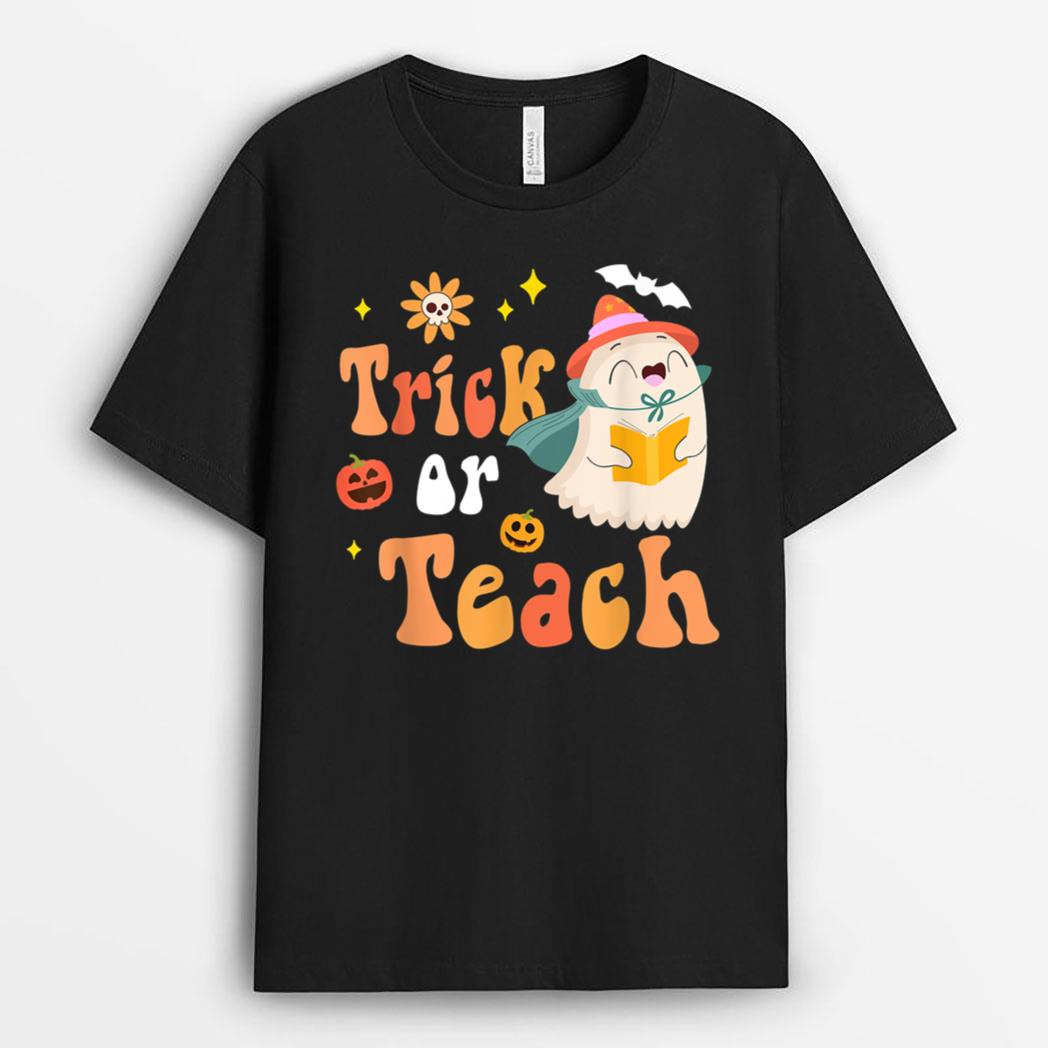 Groovy Halloween Trick or Teach Retro Floral Ghost Teacher_2 T-Shirt