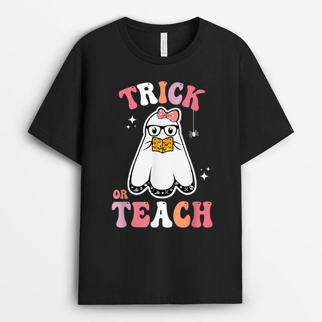 Groovy Halloween Trick or Teach Retro Ghost Teacher T-Shirt