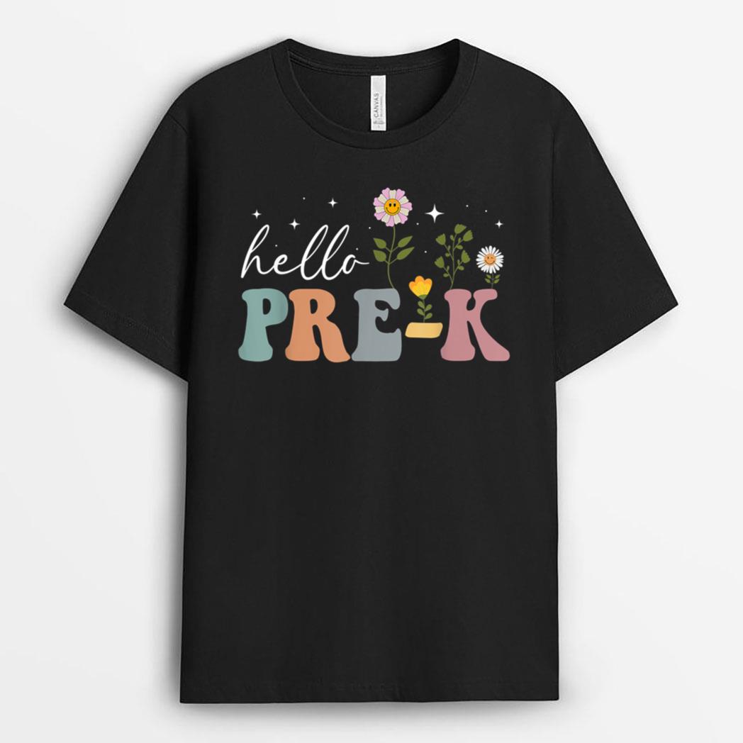 Groovy Hello Pre-K Teacher Back To School Floral T-Shirt