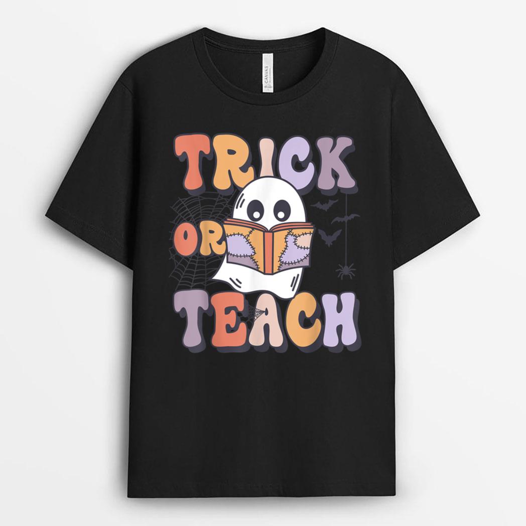 Groovy Style Ghost Trick or Teach Teachers Halloween Funny T-Shirt