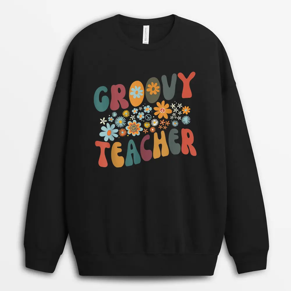 Groovy Retro First Grade Teacher Vintage Fall Leaves Autumn Sweatshirt - Black