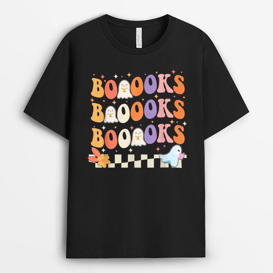 Groovy Vintage Cute Ghost Book Reading Halloween Teacher T-Shirt