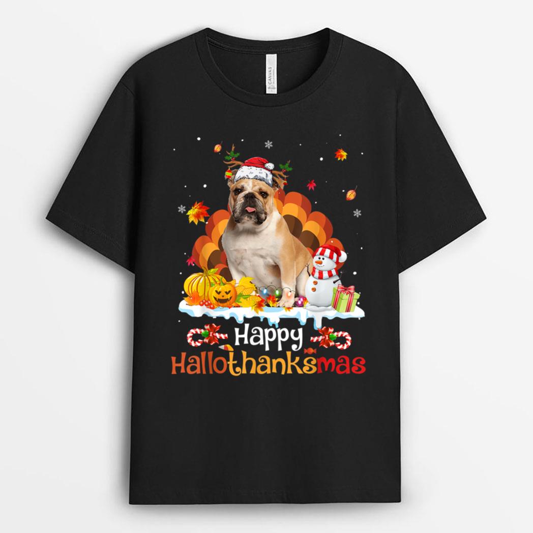 HalloThanksMas Halloween Thanksgiving Christmas Bulldog T-Shirt