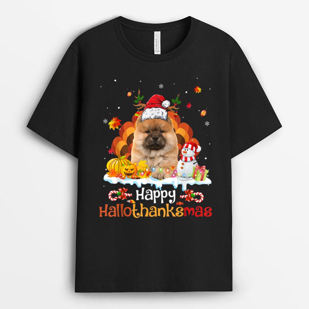 HalloThanksMas Halloween Thanksgiving Christmas Chowchow Dog T-Shirt