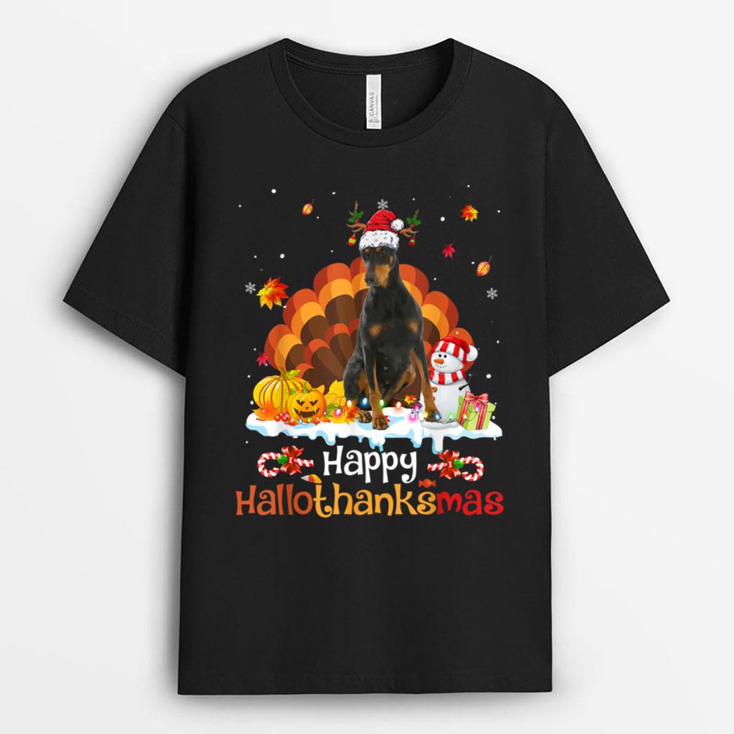 HalloThanksMas Halloween Thanksgiving Christmas Doberman Dog T-Shirt