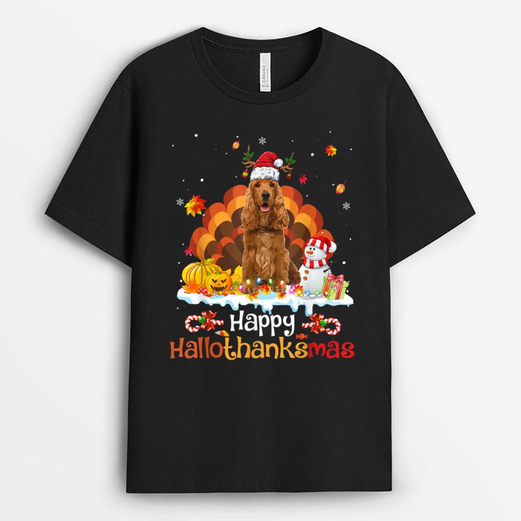 HalloThanksMas Halloween Thanksgiving Christmas Spaniel Dog T-Shirt