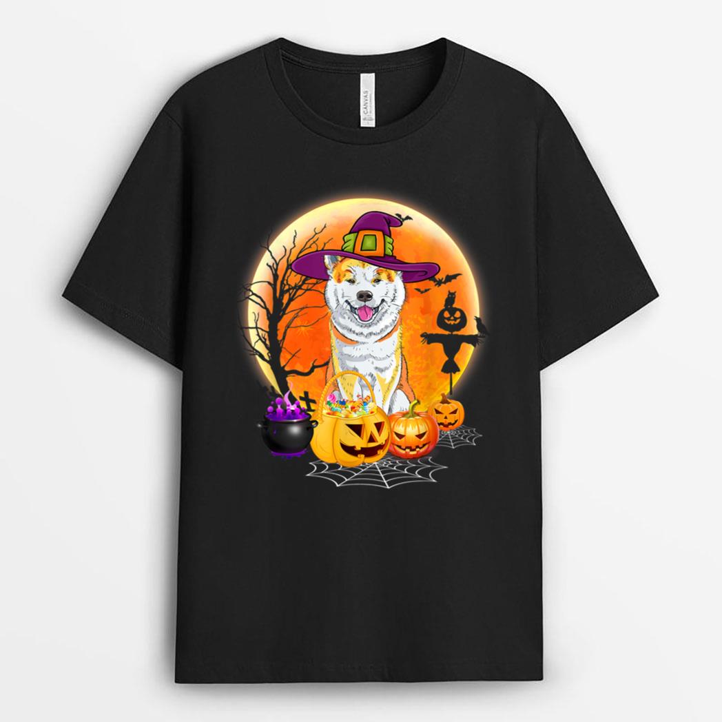 Halloween Akita Dog Moon With Pumpkin Funny Gifts T-Shirt