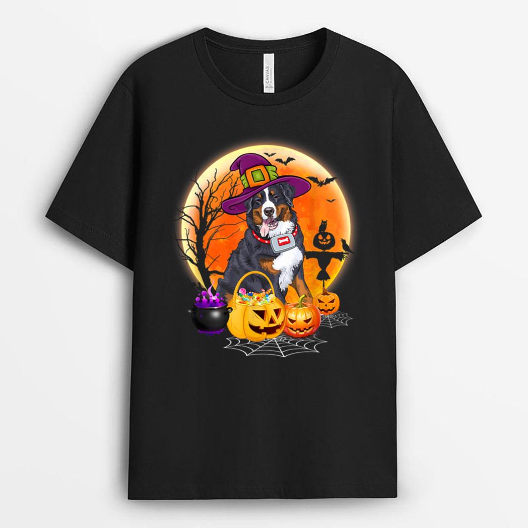 Halloween Australian Shepherd Dog Moon With Pumpkin Funny T-Shirt