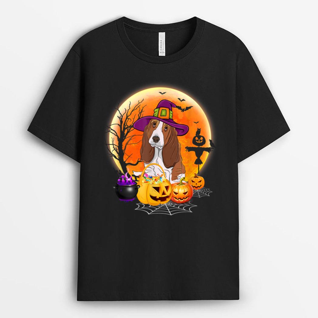 Halloween Basset Hound Dog Moon With Pumpkin Funny Gifts T-Shirt
