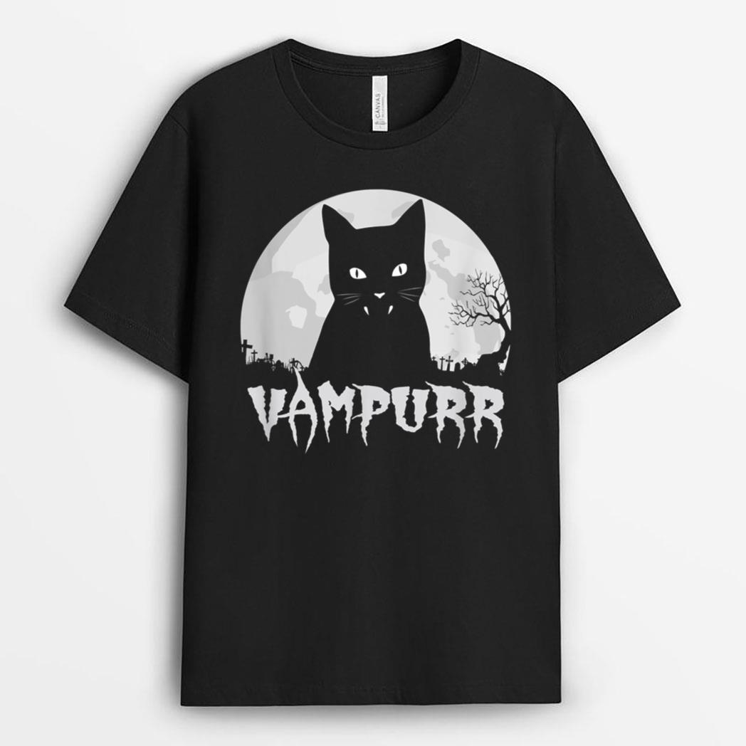 Halloween Black Cat Vampire With Full Moon - Vampurr Pun T-Shirt