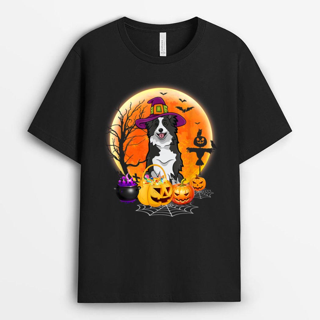 Halloween Border Collie Dog Moon With Pumpkin Funny Gifts T-Shirt
