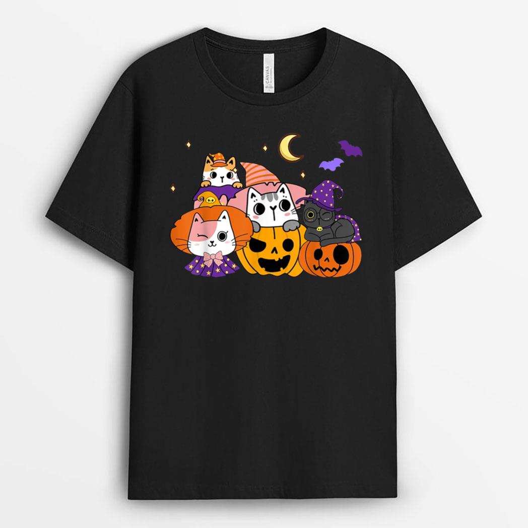 Halloween Cats Anime Cat Kawaii Neko Pumpkin Cat Lover Witch T-Shirt
