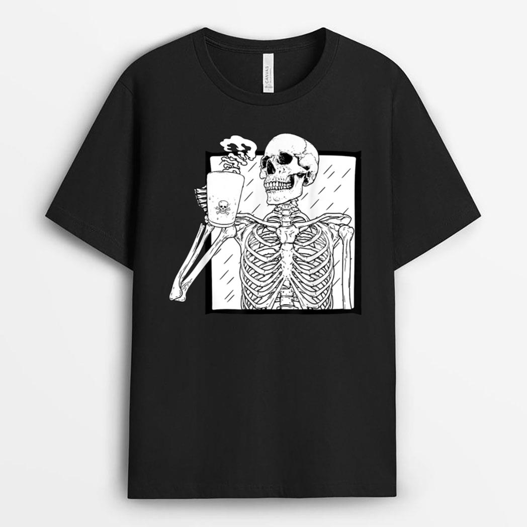Halloween Coffee Drinking Skeleton Skull Men Women Kids T-Shirt