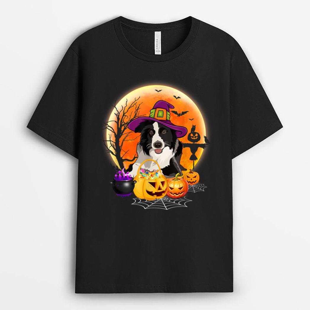 Halloween Collie Dog Moon With Pumpkin Funny Gifts Women Kid T-Shirt