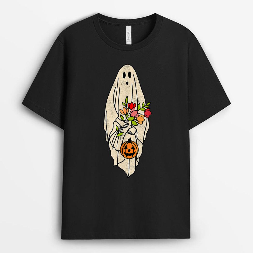 Halloween Costume Vintage Floral Ghost Pumpkin Funny Graphic T-Shirt