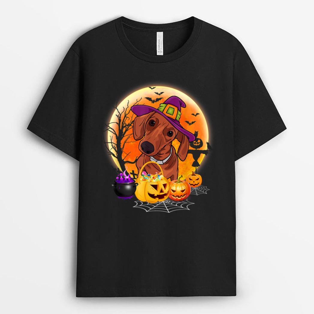 Halloween Dachshund Dog Moon With Pumpkin Funny T-Shirt