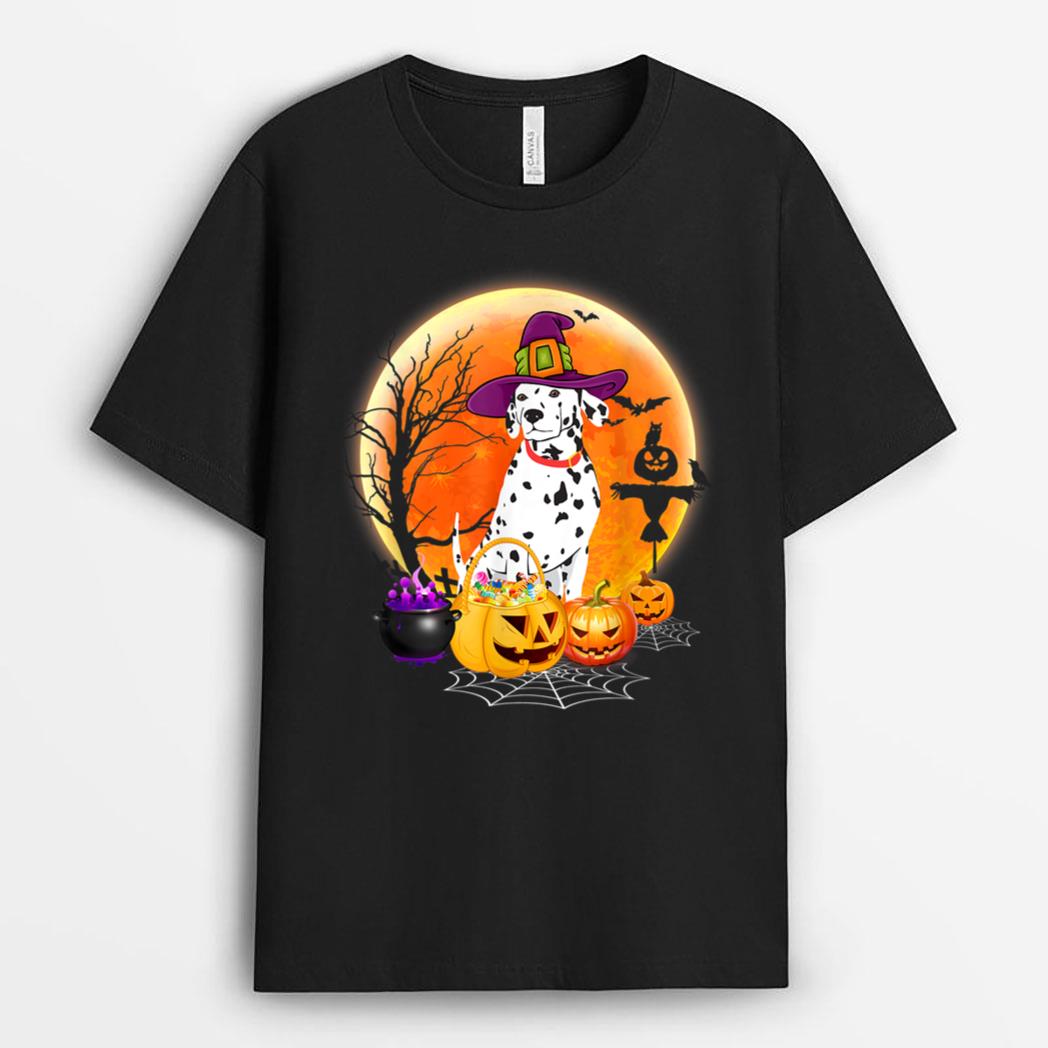Halloween Dalmatian Dog Moon With Pumpkin Funny Gifts Women T-Shirt
