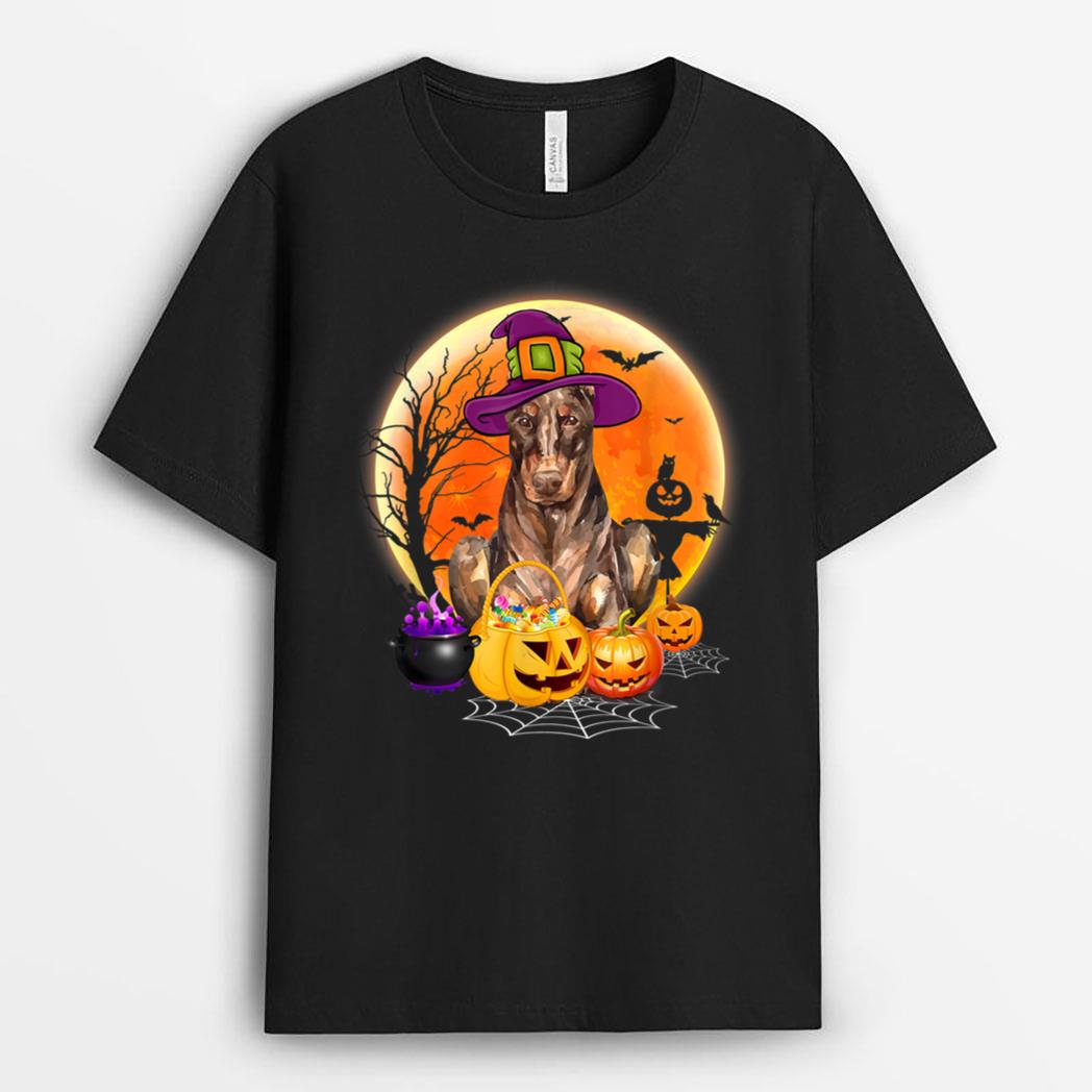 Halloween Doberman Pinscher Dog Moon With Pumpkin Funny T-Shirt