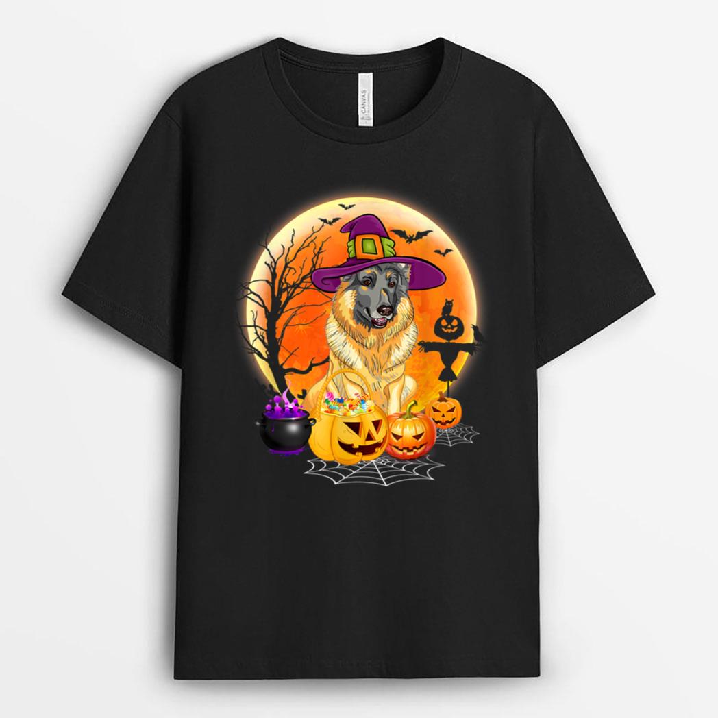 Halloween German Shepherd Dog Moon With Pumpkin Funny Gifts T-Shirt