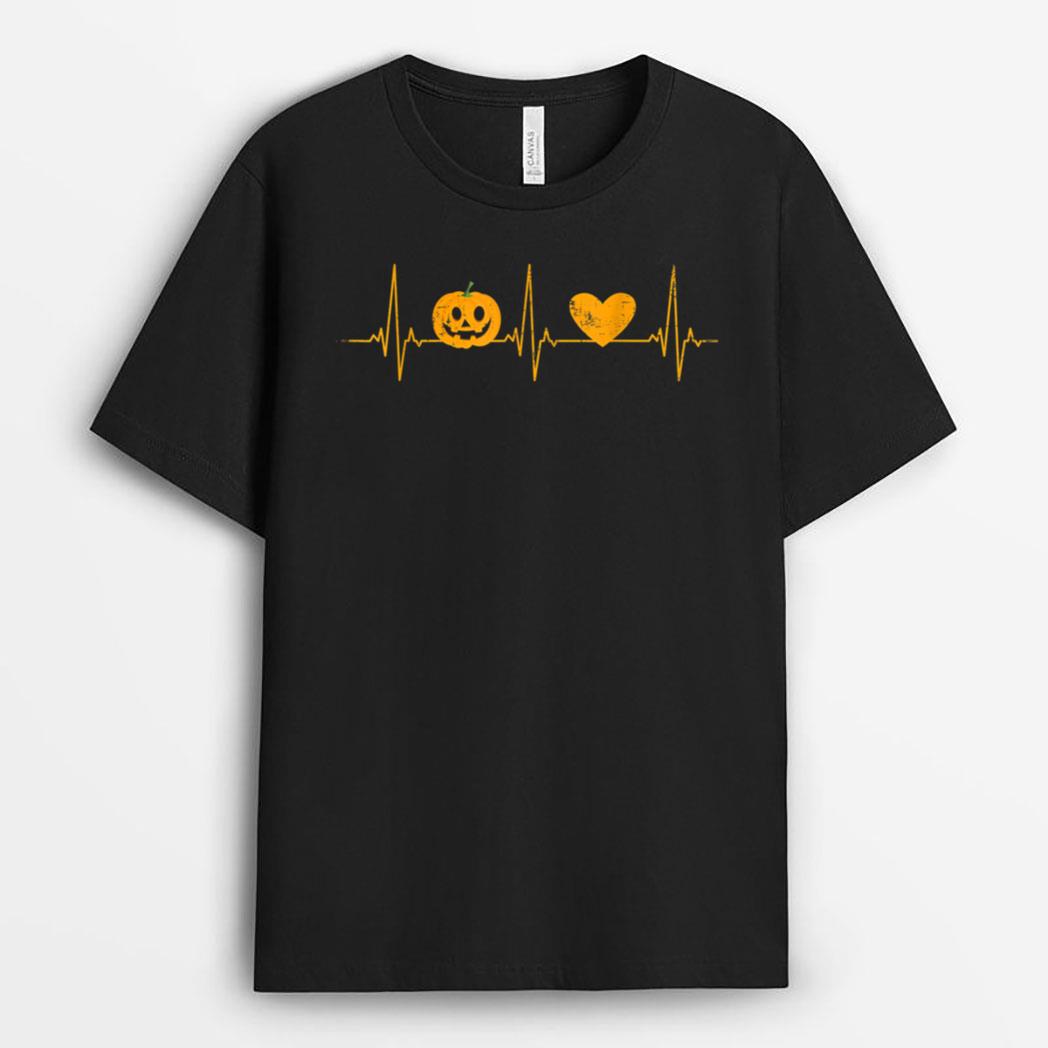 Halloween Love Heartbeat Frequency With Pulse Pumpkin Heart T-Shirt