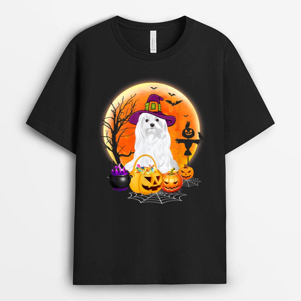 Halloween Maltese Dog Moon With Pumpkin Funny Gifts T-Shirt