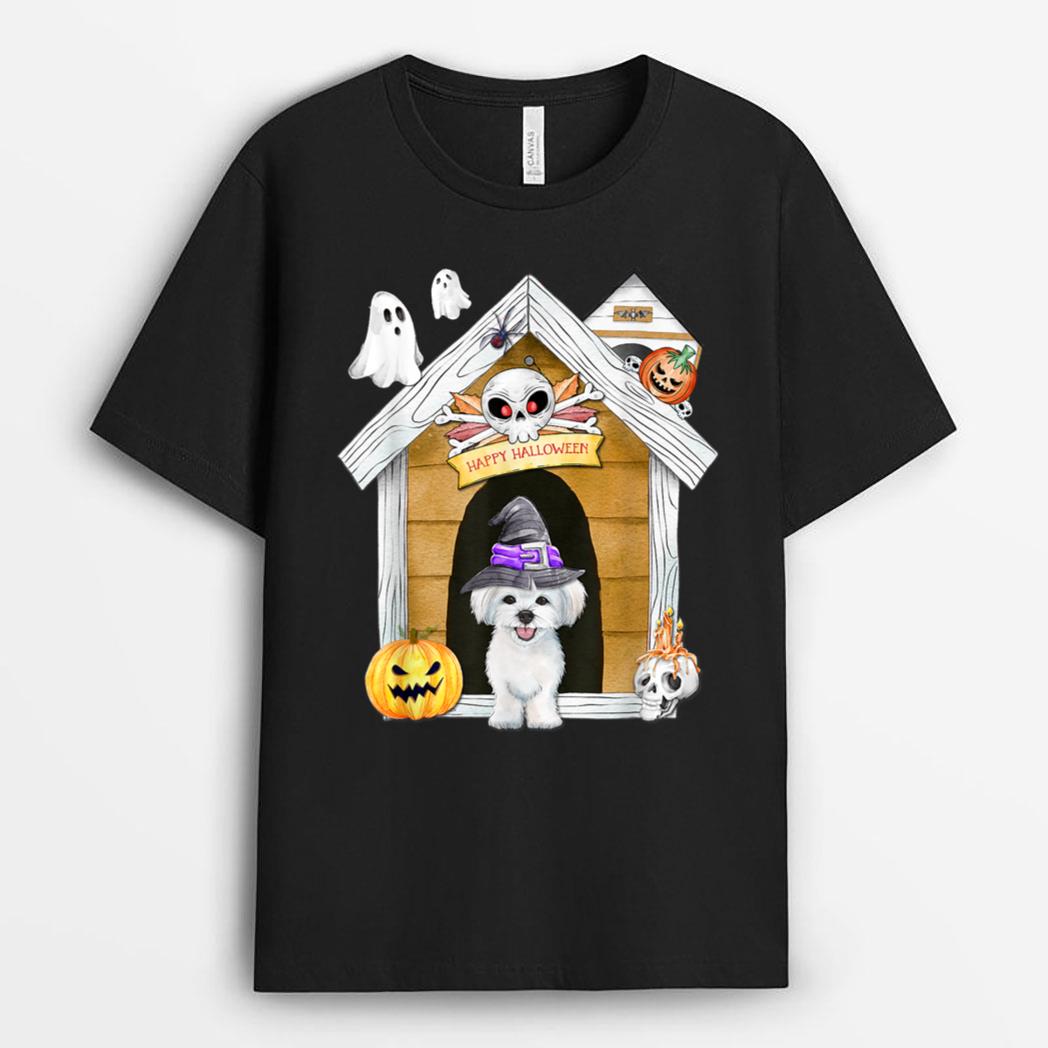 Halloween Maltese Dog Witch Haunted House T-Shirt
