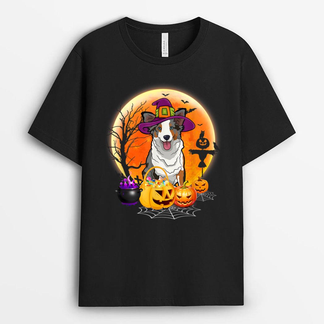 Halloween Miniature American Shepherd Dog Moon With Pumpkin T-Shirt