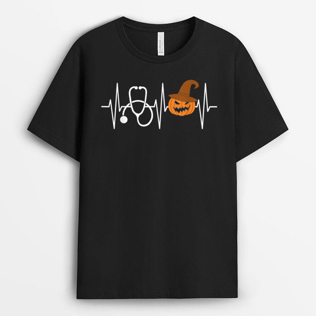 Halloween Nurse  Heartbeat Pumpkin Stethoscope Nursing T-Shirt