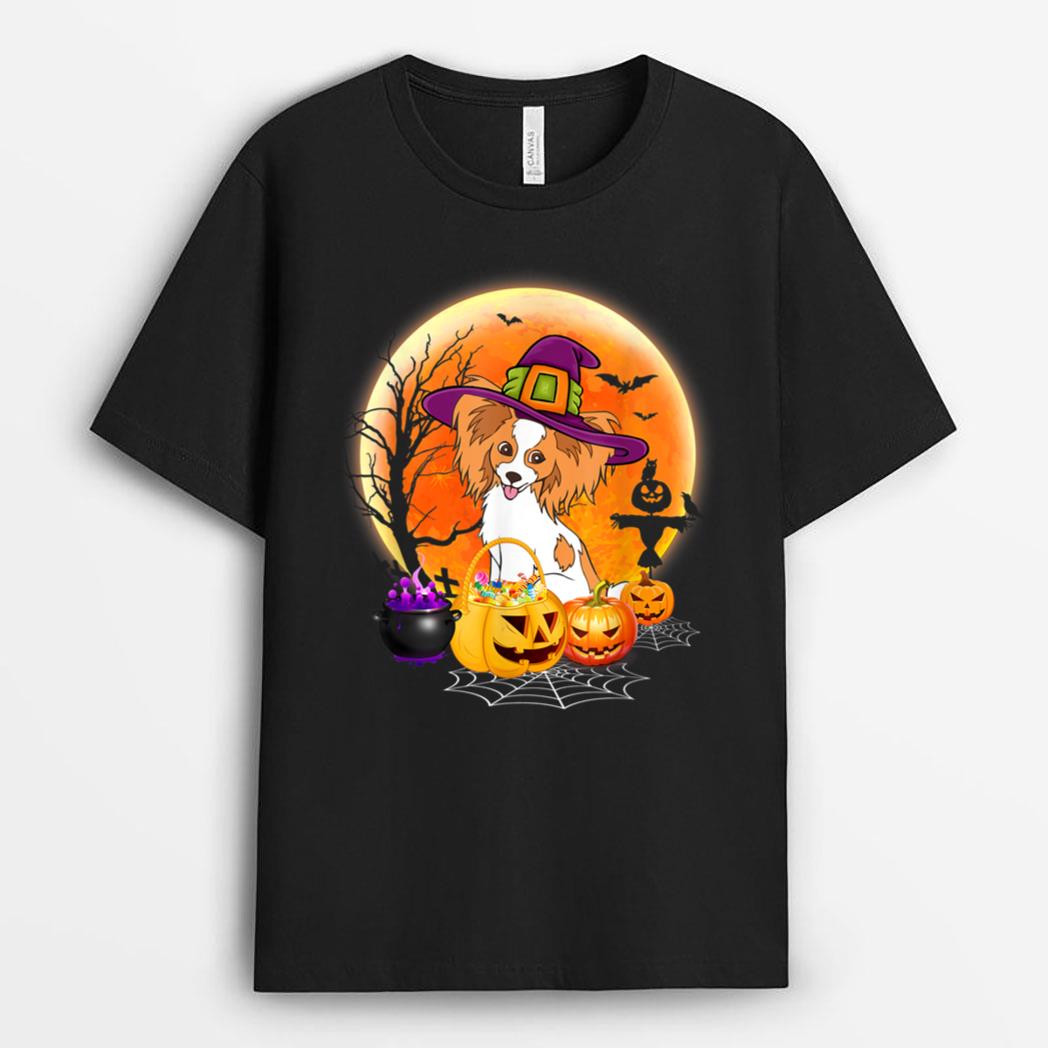 Halloween Papillon Dog Moon With Pumpkin Funny Gifts T-Shirt