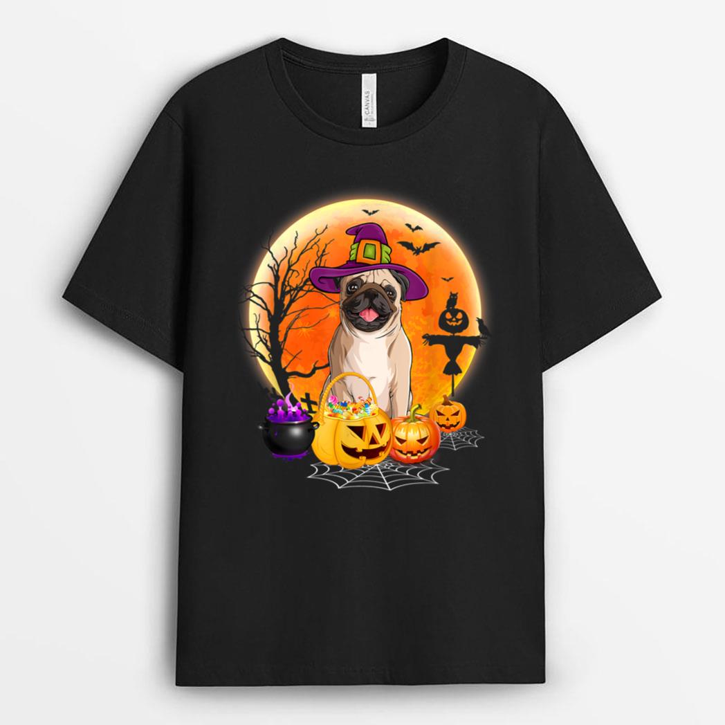 Halloween Pug Dog Moon With Pumpkin Funny Gifts Women Kids T-Shirt