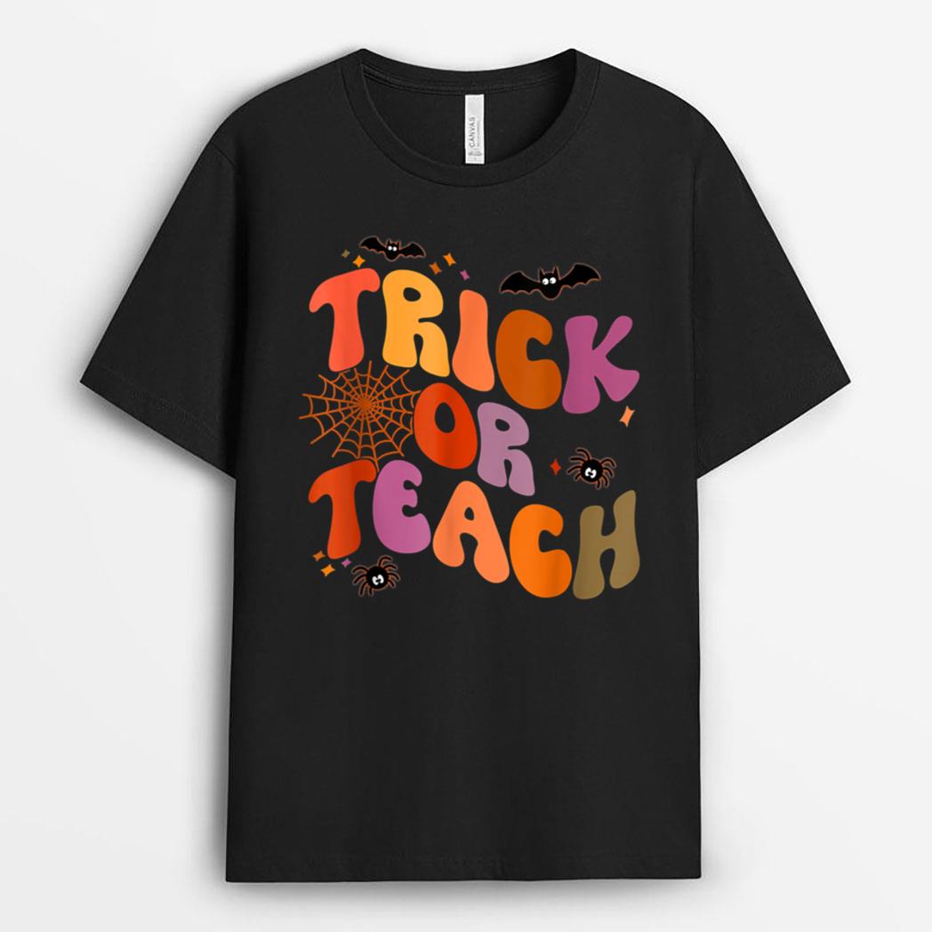 Halloween Retro Vintage Ghost Trick Or Teach Funny Teacher T-Shirt