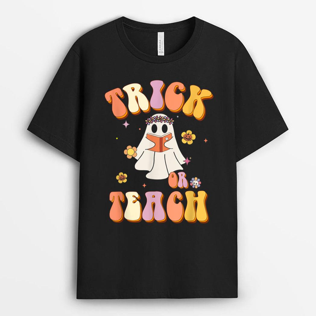 Halloween Retro Vintage Groovy Trick Or Teach Teacher T-Shirt