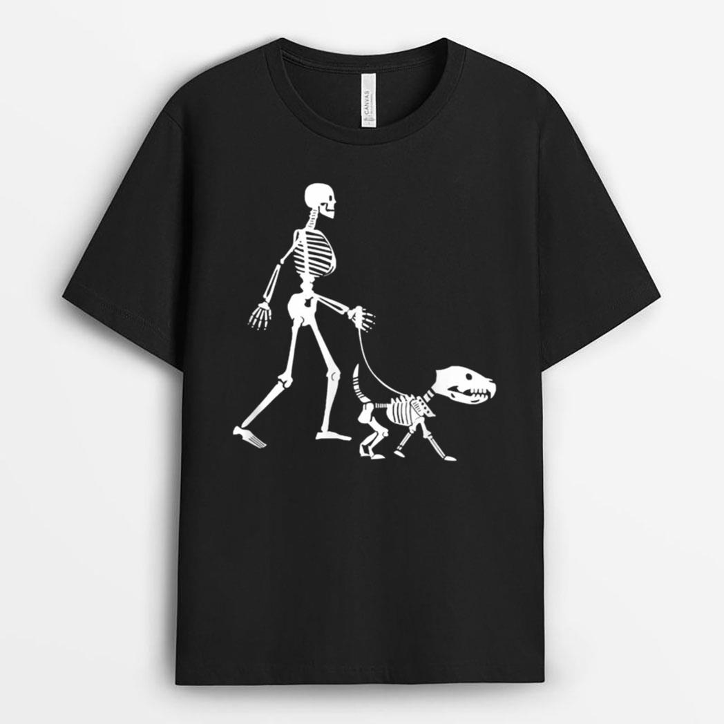 Halloween Skeleton Dog Lover Funny Dog Walking T-Shirt