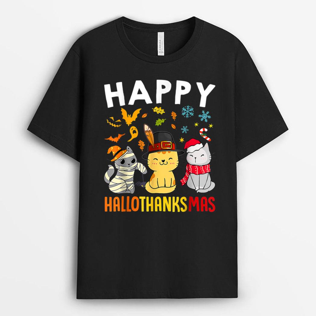 Halloween Thanksgiving Christmas Happy HalloThanksMas Cats T-Shirt