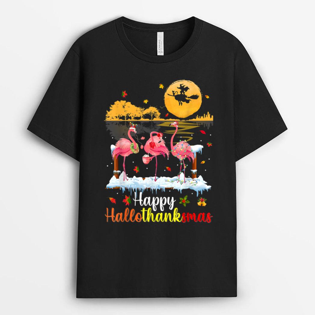Halloween Thanksgiving Xmas Happy Hallo Thanksmas Flamingo T-Shirt