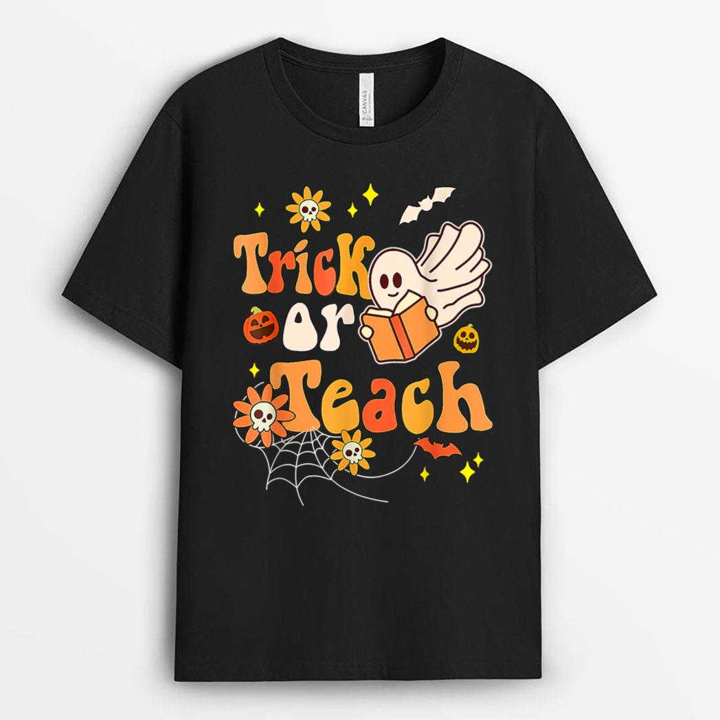 Halloween Trick Or Teach Retro Groovy Teacher Hippie Ghost Ver 1 T-Shirt