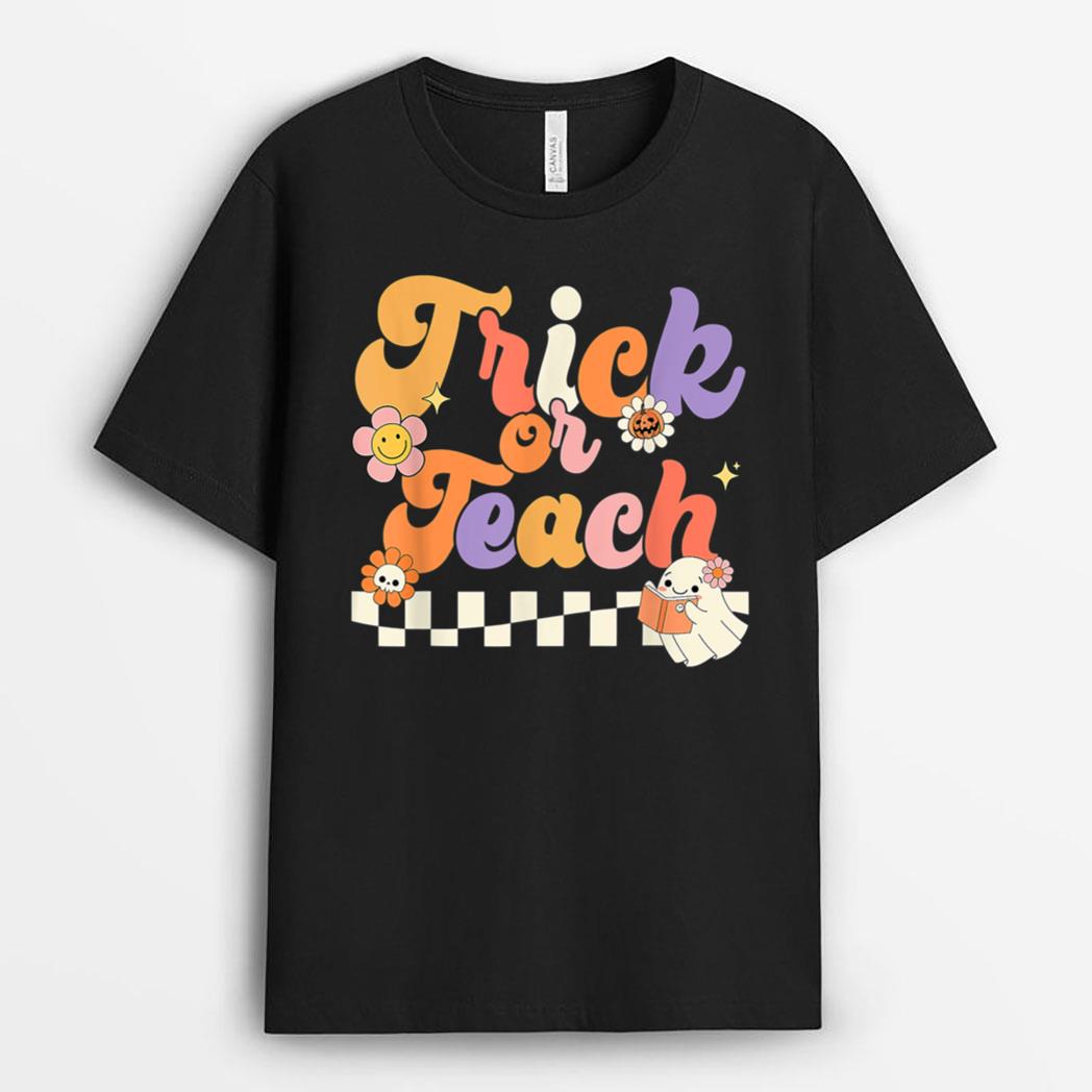 Halloween Trick Or Teach Retro Groovy Teacher Hippie Ghost Ver 2 T-Shirt