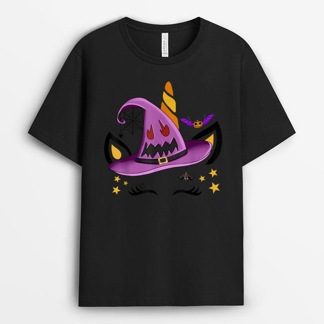 Halloween Unicorn Face With Witch Hat Funny Halloween T-Shirt
