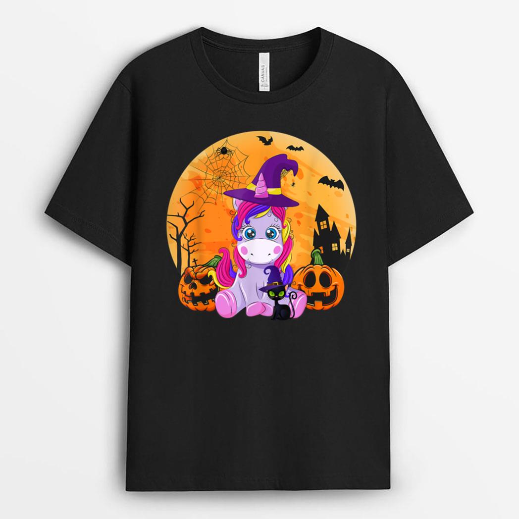 Halloween Witchy Unicorn Black Cat Pumpkin T-Shirt