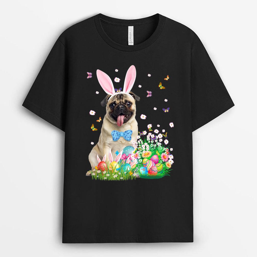 Happy Easter Cute Bunny Dog Pug Eggs Basket Funny Gifts T-Shirt