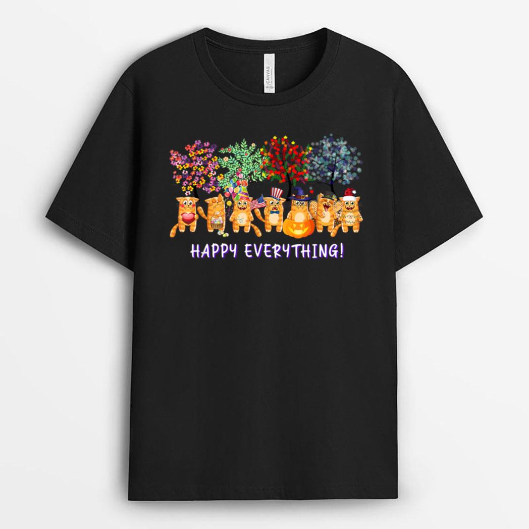 Happy Everything cat Seasons All Year Tree funny cat lover T-Shirt