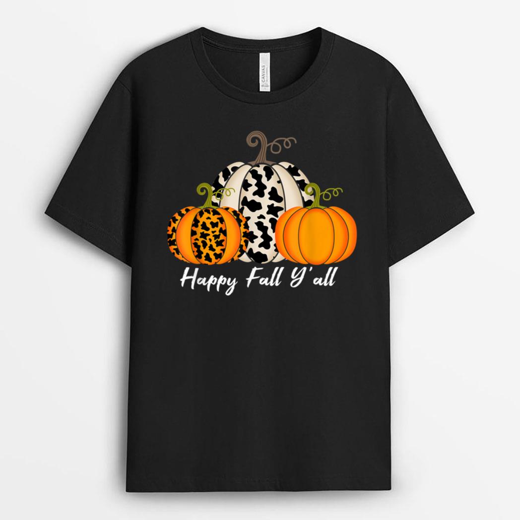 Happy Fall Y'all Pumpkin Cow Print Halloween T-Shirt