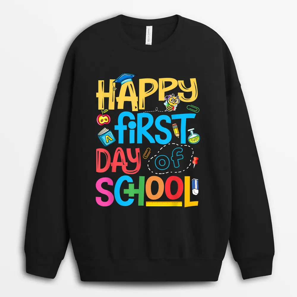 Happy First Day Pre-K Team Teacher Kids 60s 70s Hippie Retro Sweatshirt - Black