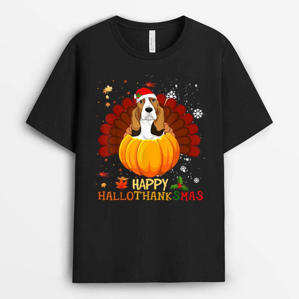 Happy Hallothanksmas Basset Hound Dog Halloween Xmas T-Shirt