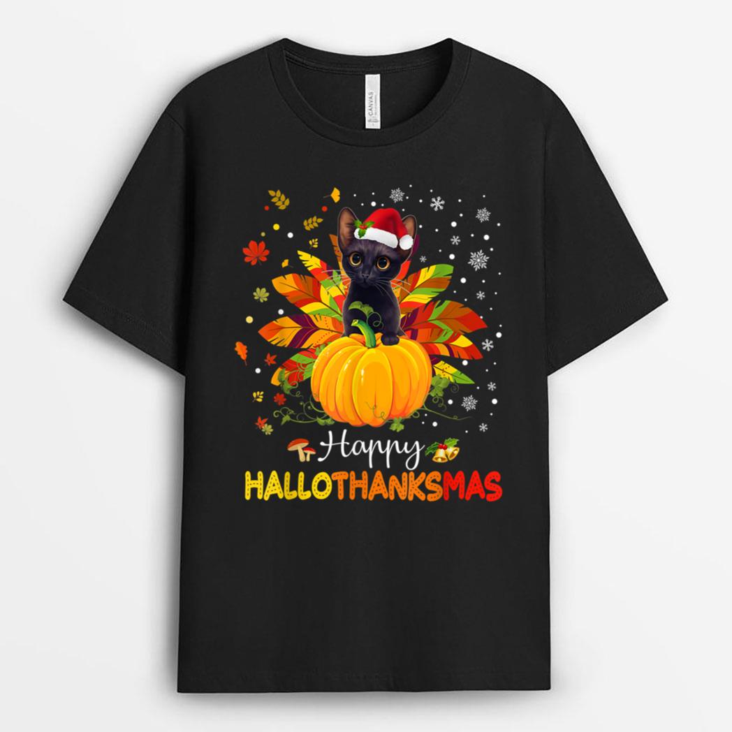 Happy Hallothanksmas Cat Halloween Thanksgiving Christmas T-Shirt