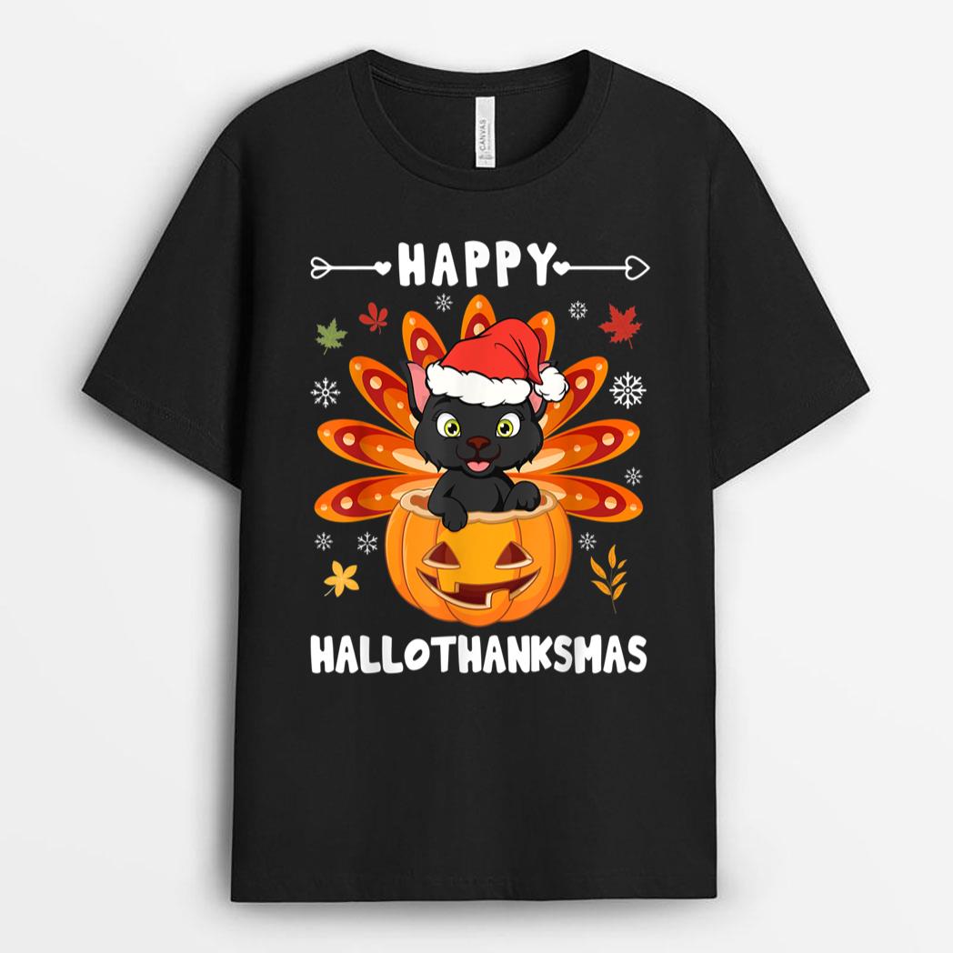 Happy Hallothanksmas Cat Turkey Cat Thanksgiving Christmas T-Shirt
