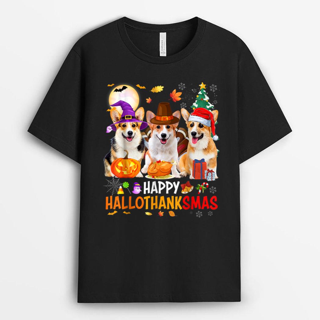 Happy Hallothanksmas-Corgi Dog Halloween Christmas. T-Shirt